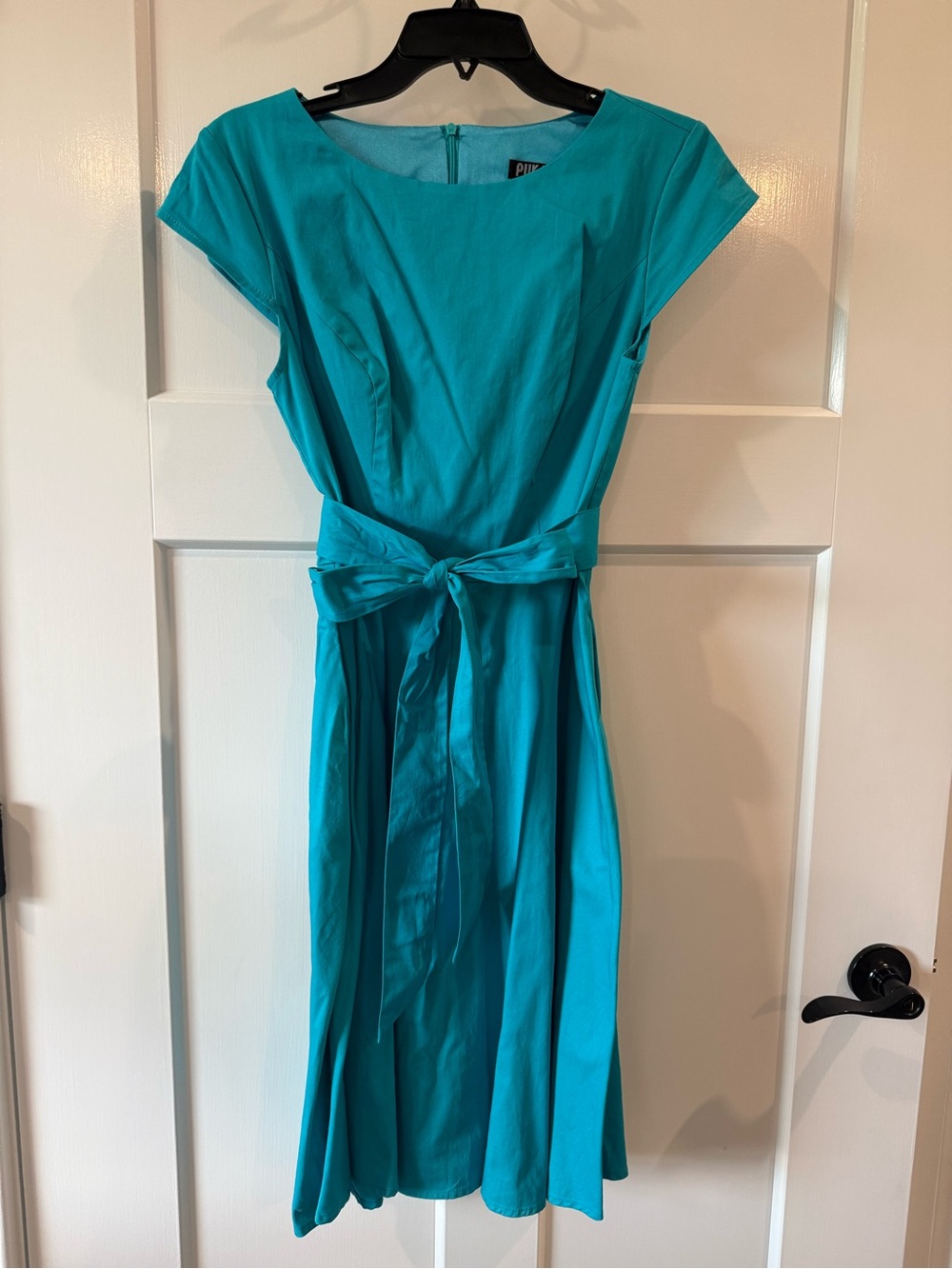 Cap-Sleeve Teal Midi Dress with Waist Tie